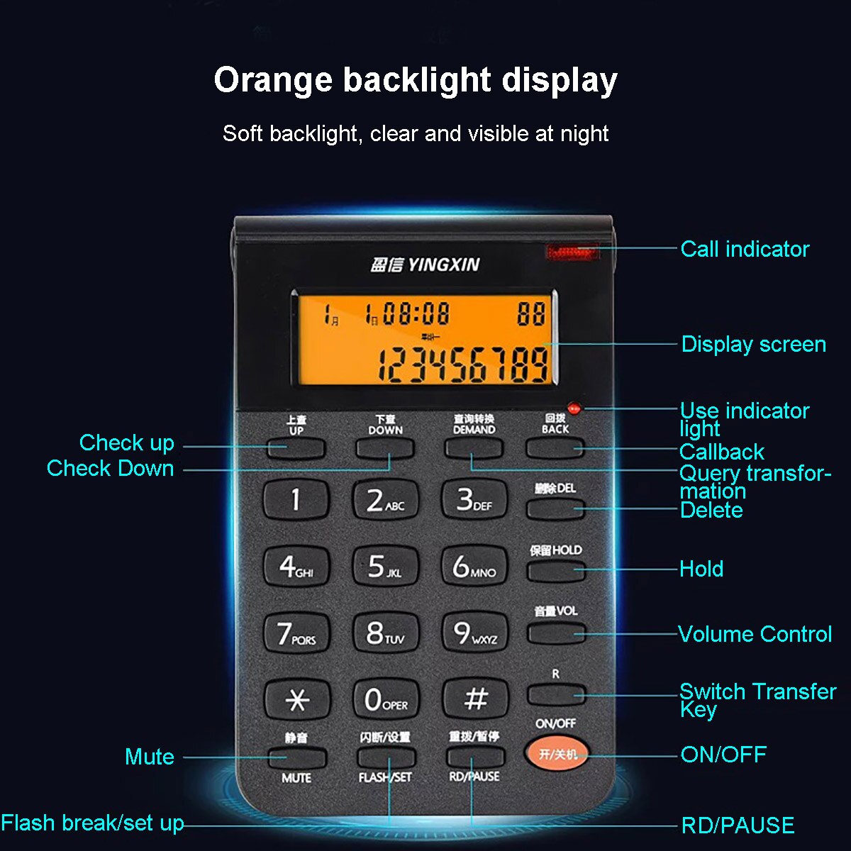 Headset Telephone Desk Phone Headphones Headset Hands-free Call Center Noise Cancellation Monaural with Backlight