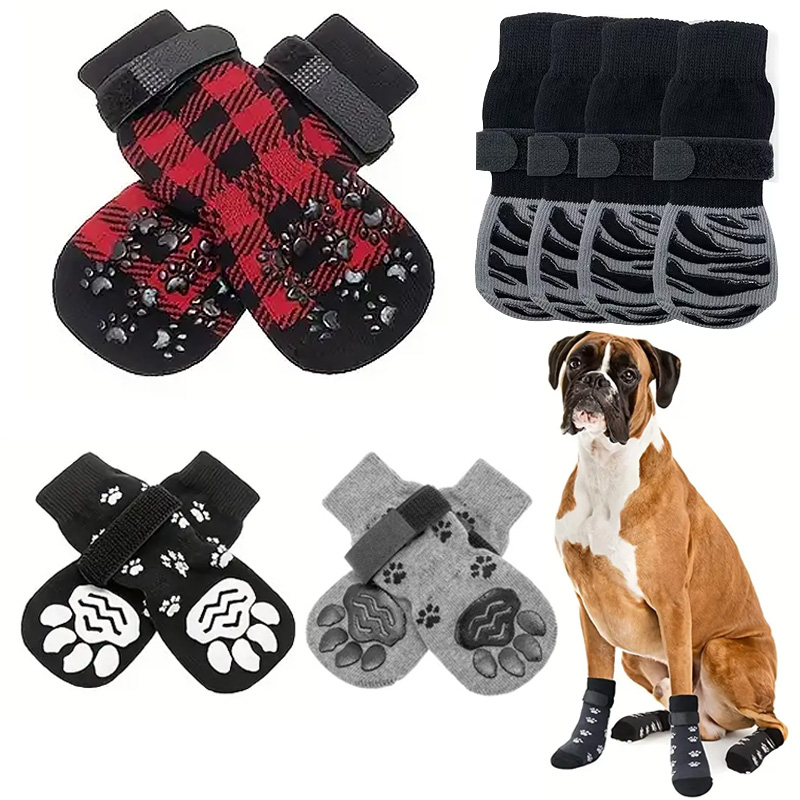 4 unids/set calcetines antideslizantes para perros 4 Uds Protector de pata Control de tracción ropa interior ajustable tejida con refuerzo de goma