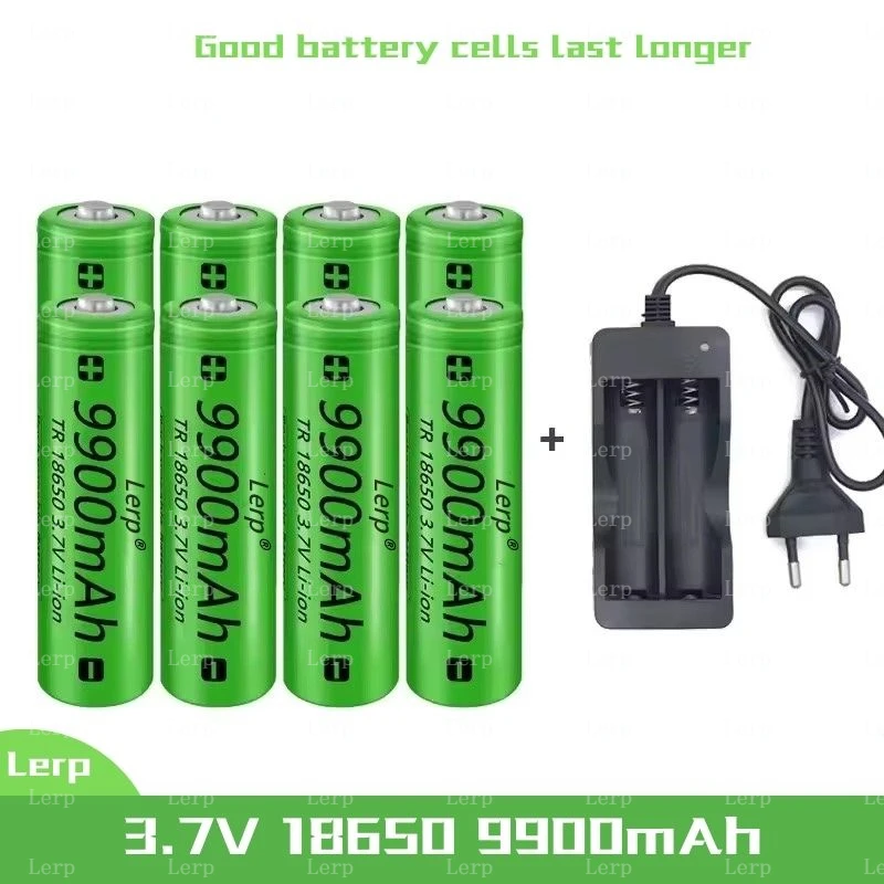 18650，3.7V, 9900mAh capacity, rechargeable lithium-ion battery+charger, flashlight, toy, remote control battery: Gold