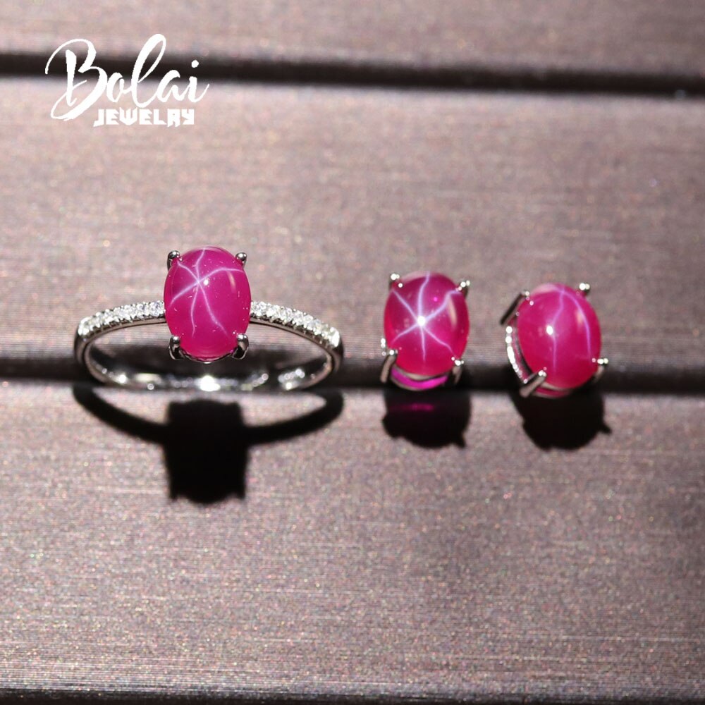 Simple created starlight ruby jewelry set earrings and ring with 925 sterling silver fine jewelry bolaijewelry: jewelry set