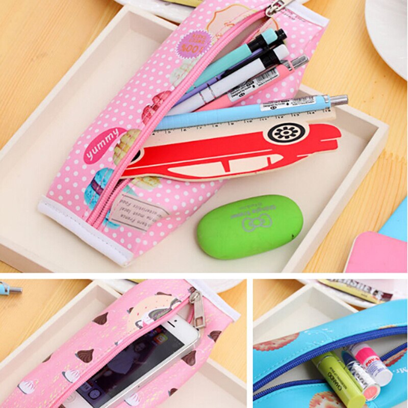 Kawaii macaron school etui meisjes chocolade cracker pu leren etui kinderen schoolbenodigdheden