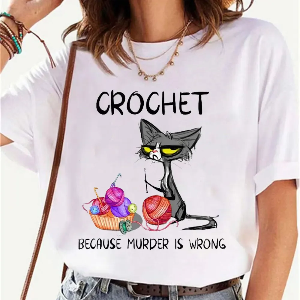 Häkeln, weil Mord falsch ist, Einstellung Katze Frauen T-Shirt Sommer T-Shirt lässig Kurzarm Kleidung ästhetische Kleidung Spitzen