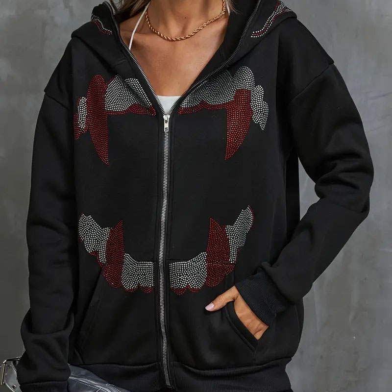 Otoño Punk Y2k gótico Grunge diamantes de imitación dientes Zip Up sudaderas con capucha de manga larga abrigo sudadera chaqueta ropa de calle