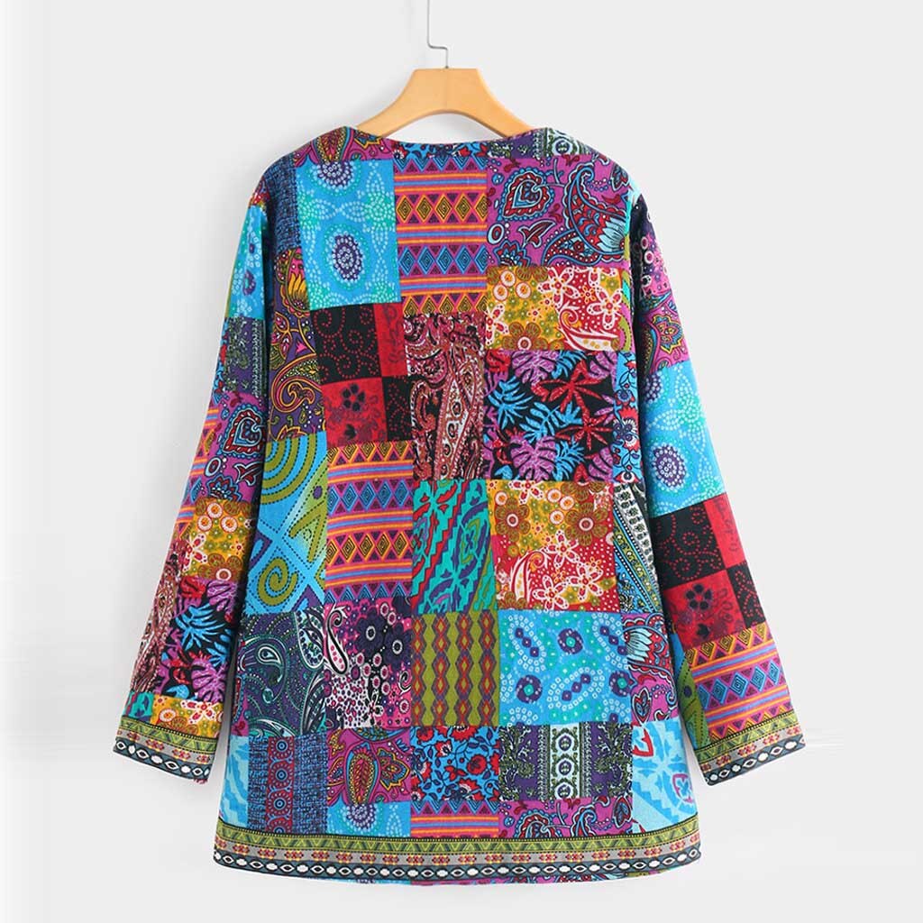 Herfst Vrouwen Vintage Etnische Stijl Bloemenprint Lange Mouwen Plus Size Katoenen Jas Jas Katoenen Jas Losse Jas Vrouw Jas