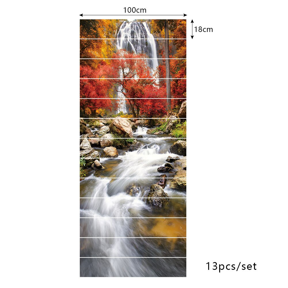 Pegatina para decoración de escaleras, calcomanías artísticas autoadhesivas de PVC, con de cascada, río, casa y escaleras: 18cmX100cmX13pcs