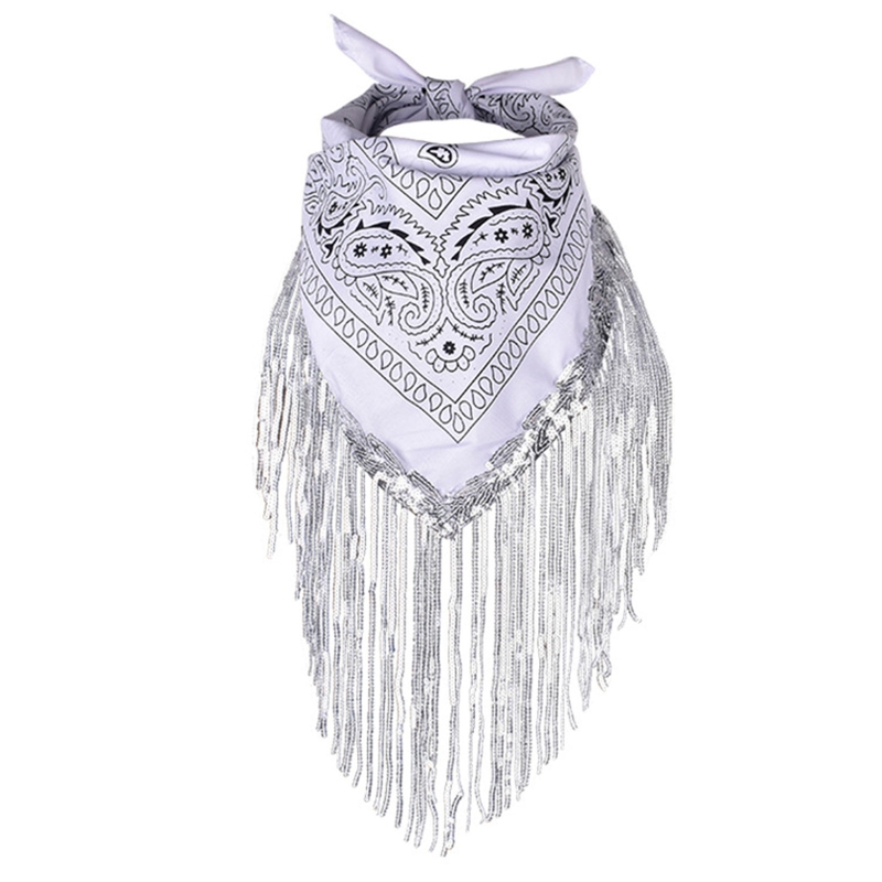 Cowgirl Bandanas Sequin Women Bachelorette Bandanas Tassel Trim Head Scarf Cowgirl Fringe Bandanas Neckerchief Bandanas: WHITE