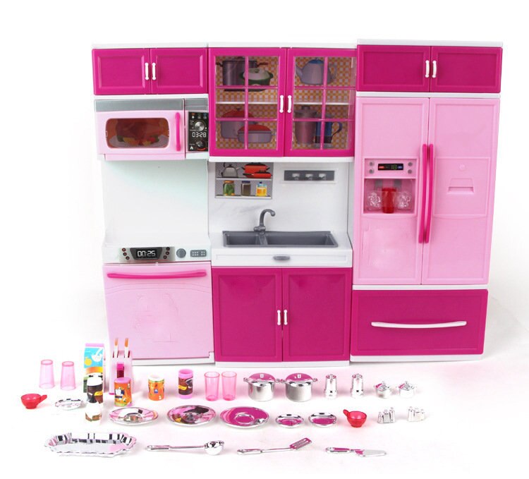 Børn store børn  /27s køkken med lyd og lyse piger foregiver madlavning legetøjssæt pink simulering skab legetøjsmad: Default Title
