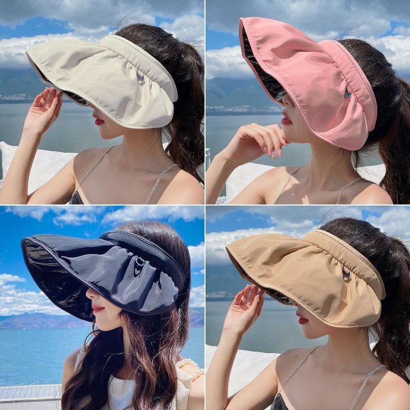 Summer UV Protection Women Sun Hats Solid Color Outdoor Beach Wide Brim Foldable Bucket Hat Ponytail Caps Panama Cap