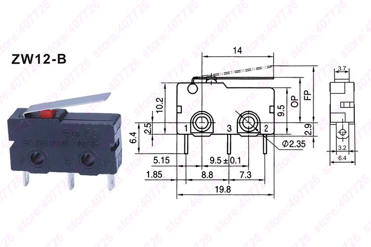 Micro interrupteur 10mm x 20mm 5 pièces/lot | 3 broches/2 broches 5A 250VAC série ZW12, interrupteur Tact allumé: ZW12-B