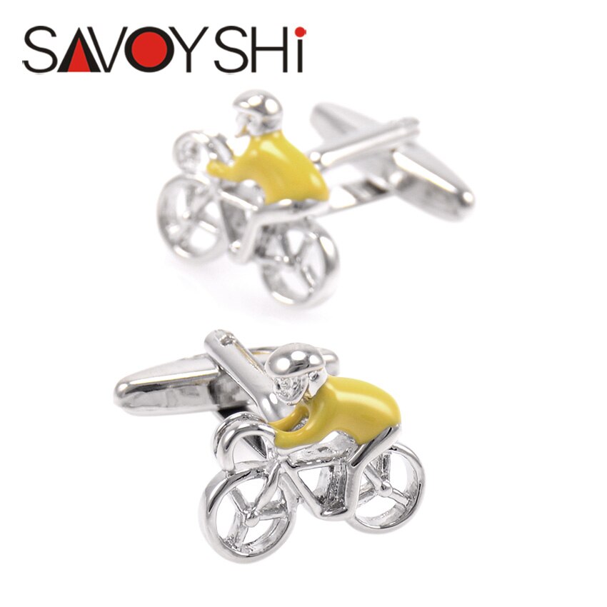 Savoyshi bicicleta abotoaduras para homens camisa botões de punho de alta qualidade amarelo esmalte jockey manguito links marca moda jóias masculinas