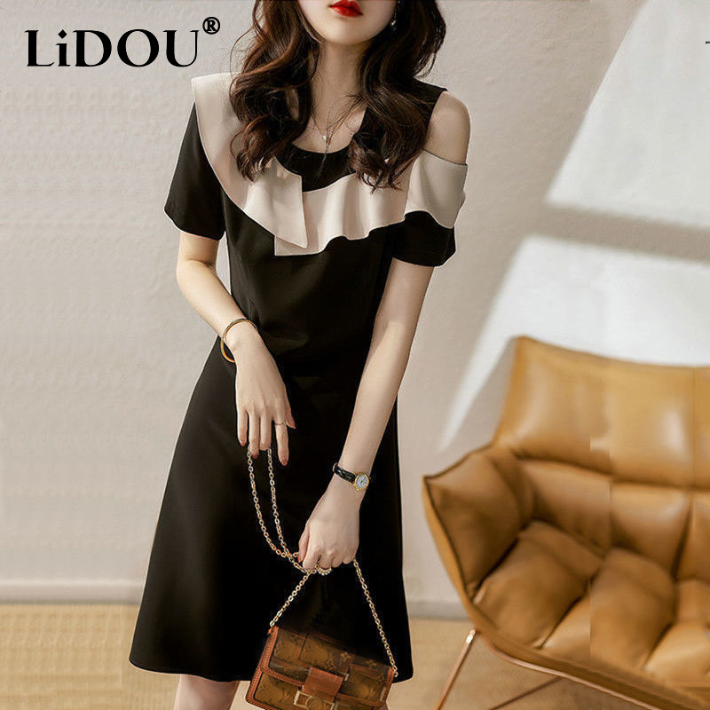 Novedad De verano, vestido De estilo coreano a la De retazos para mujer, Vestidos elegantes negros con cuello redondo De , bata De manga corta para mujer