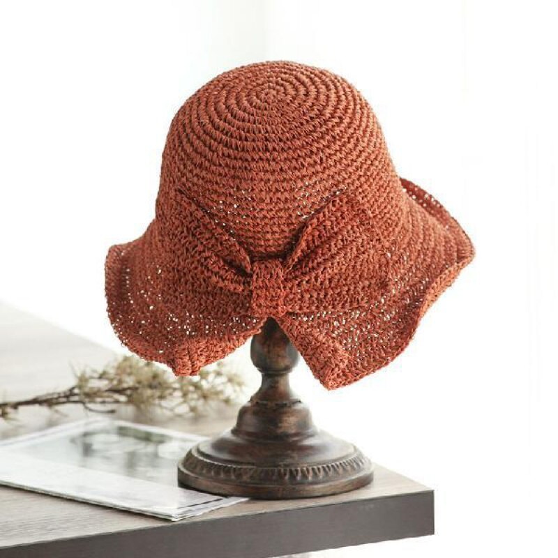 Handgemaakte 100% Raffia Boog Zonnehoed Brede Rand Floppy Zomer Hoeden Voor Vrouwen Beach Panama Stro Koepel Emmer Hoed femme Schaduw Hoed: orange red
