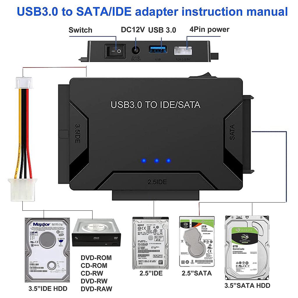 SATA/IDE zu USB 3.0 Adapter Festplattenadapter Kabel Konverter für 2,5/3,5 Zoll SATA und IDE HDD Unterstützung 6 TB für PC MacBook