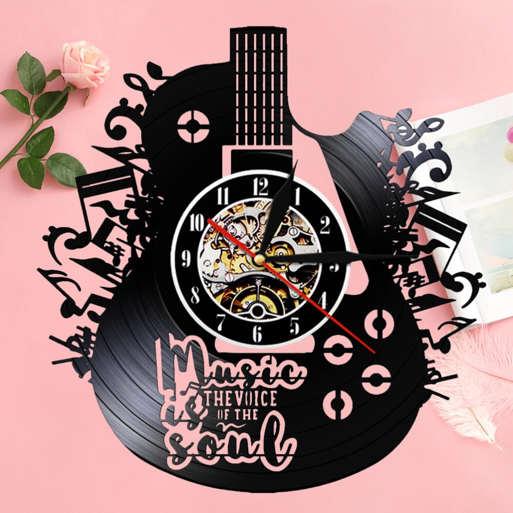 1pc Vinyl Record Wall Clock Guitar Shape Wall Hanging Clock Decorative LED Clock Without Lamp (As Shown): As Shown
