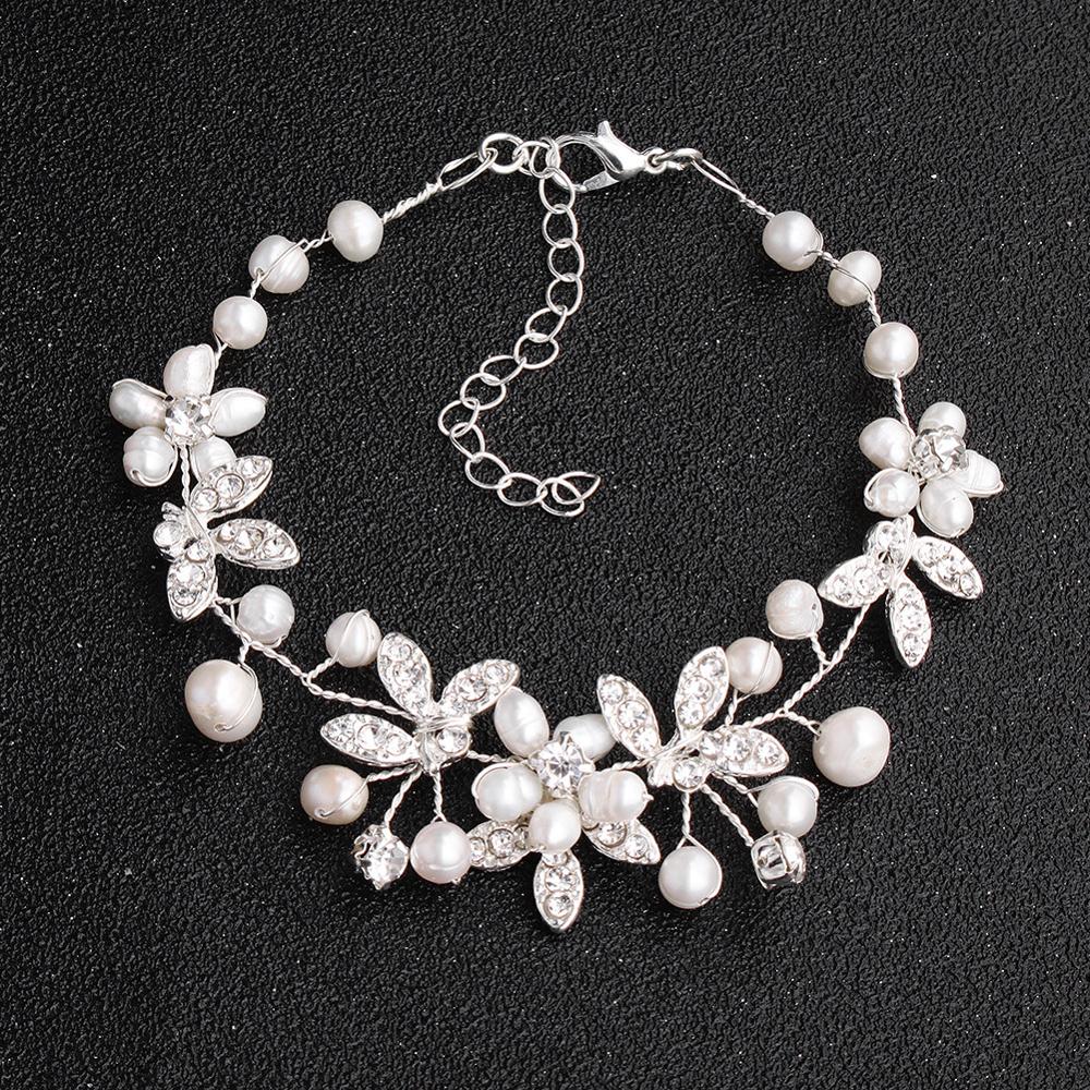 SLBRIDAL Handmade Silver Plated Crystal Wedding Bracelet Rhinestones Freshwater Pearls Bridal Bracelet Bridesmaids Women Jewelry