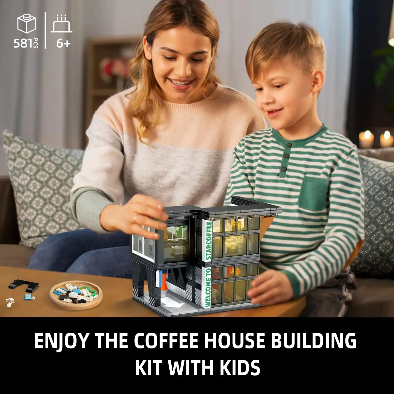 Coffee Shop City House Bausteine-Set für Erwachsene, City Street View Konstruktionsspielzeug mit Licht, Weihnachtsgeschenk für Kinder, Jungen und Mädchen