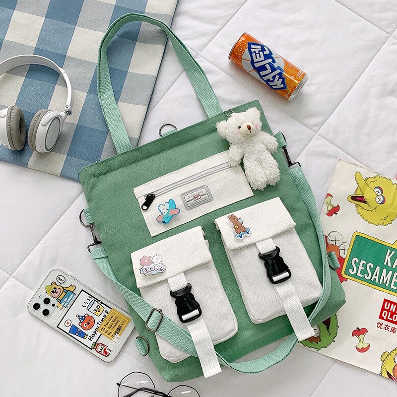Student Backpack Book Bag Large-capacity Canvas School Class Female Bag Girls Canvas Shoulder Messenger Crossbody Bag: Green with bear
