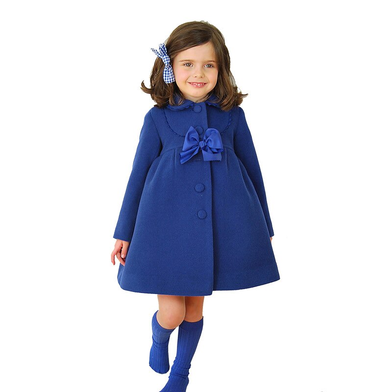 Ullkåpe jente høst vinter jenter bomull lange jakker til barneklær nydelig sløyfe nedtrekkbar krage kåpe til jenter: Blå / 8t