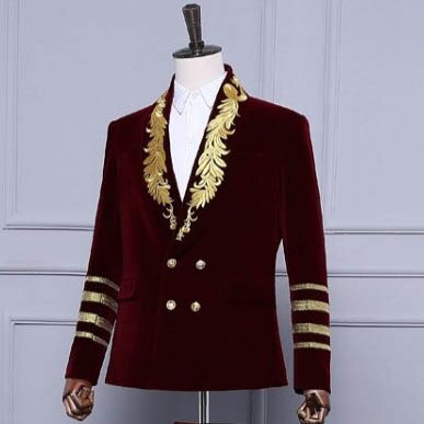 Gold Lapel Mens Blazer Slim fit Royal Blue Velvet Graduation Party Prom Jackets for Men Night Club Stage Suit Tops Dress Tuxedo: Burgundy / M