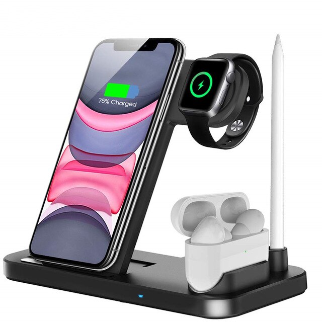 FDGAO 4 en 1 Qi chargeur sans fil 10W Station de chargement rapide pour iPhone 11 Pro XS XR X 8 Plus Apple Watch 5 4 3 2 AirPods Pro: Black