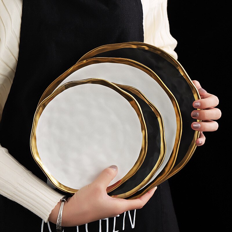 Ceramic Dinner Plate Gold Inlay Snack Dishes Luxury Gold Edges Plate Dinnerware Kitchen Plate Black White Tray Set wy121304