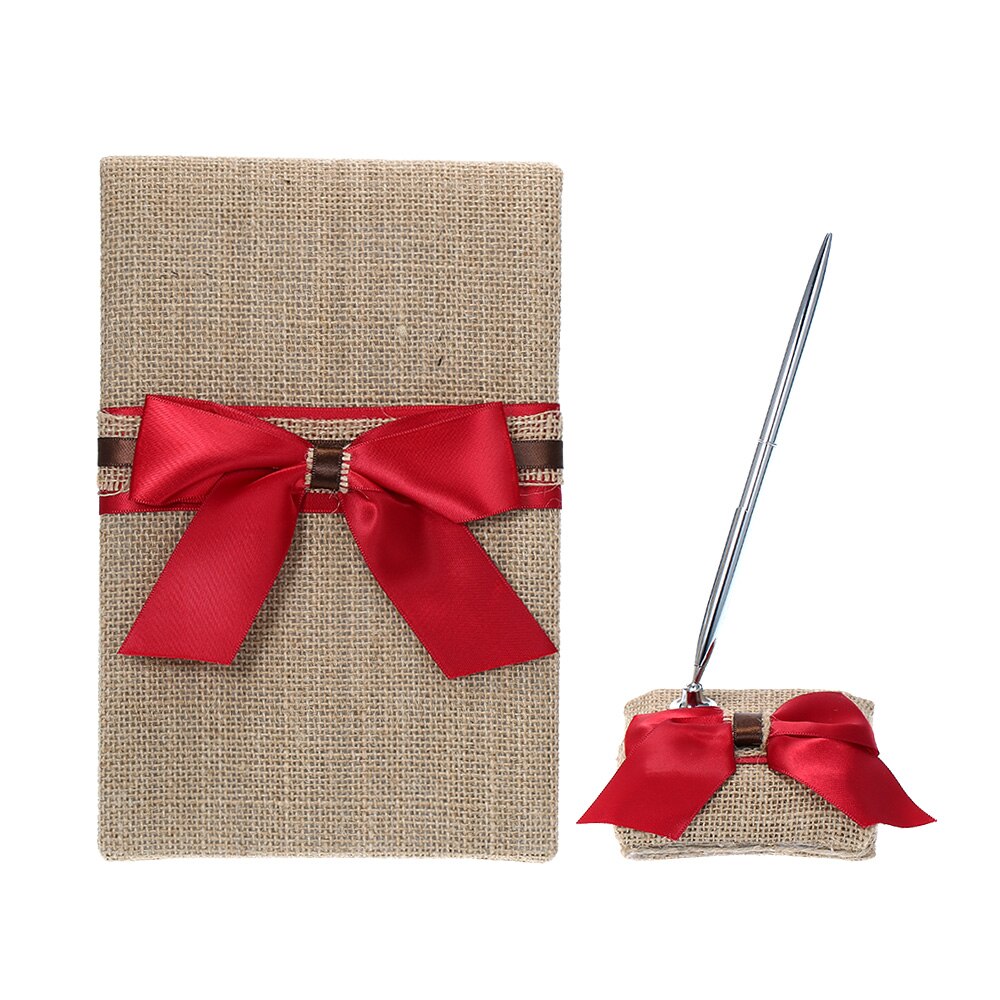 Wedding Guest Book and Pen Set Holder Burlap Decoration Rustic Wedding Ceremony: Burgundy