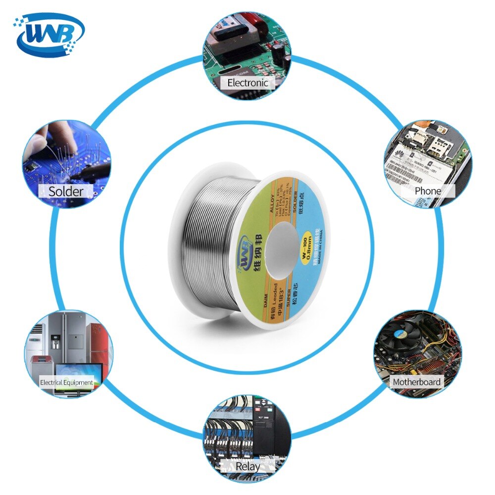 WNB 90g 0,3/0,4/0,5/0,6/0,8mm 63/37 núcleo de resina estaño plomo 183 grados fundir Alambre de soldar plateado fundente de soldadura 2.0% carrete de Cable de hierro