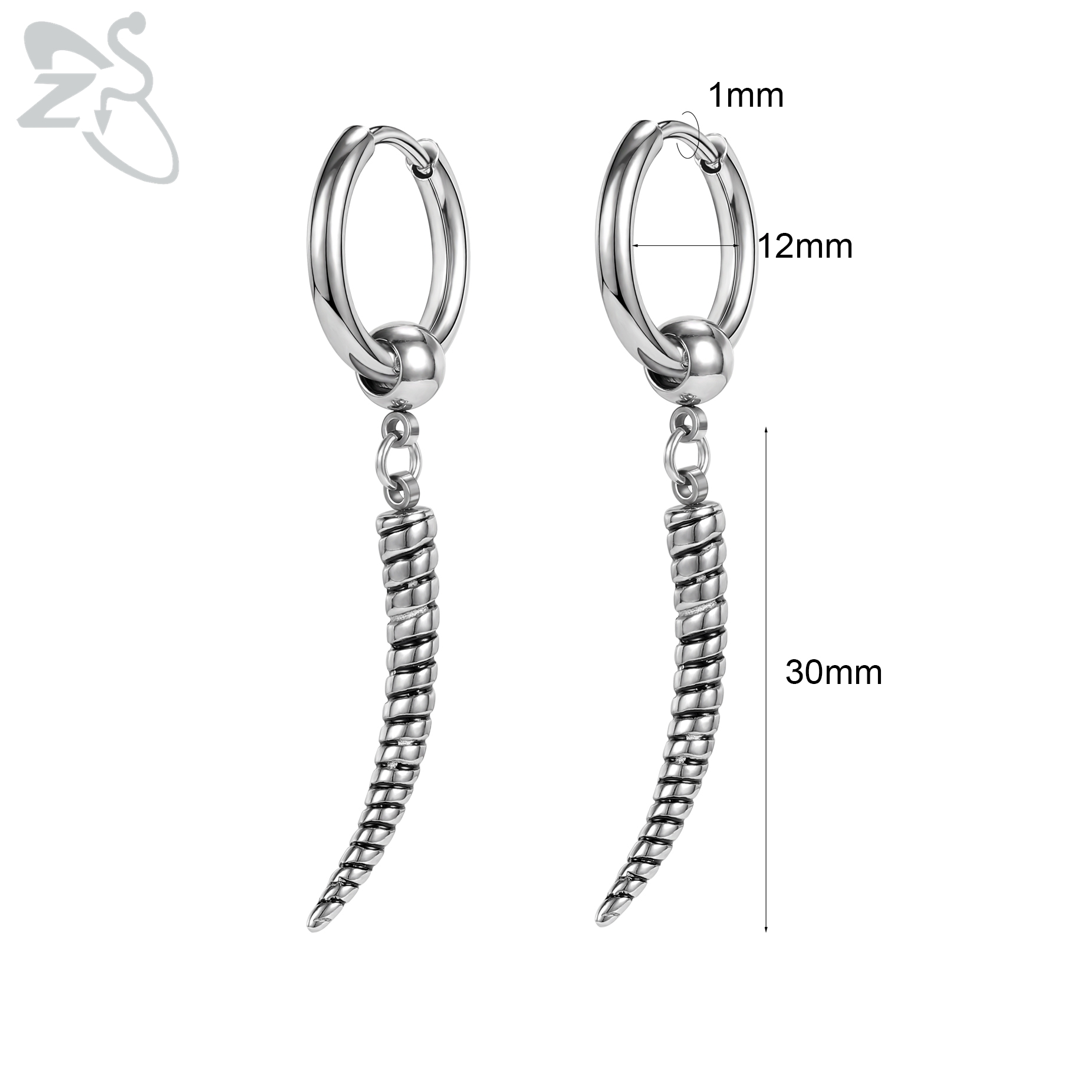 ZS-pendientes de aro de acero inoxidable para hombre, aretes redondos de calavera, serpiente, gótico, Punk, Rock, colgante, cartílago de hélice, 18G, 2 unidades por lote: PLATEADO