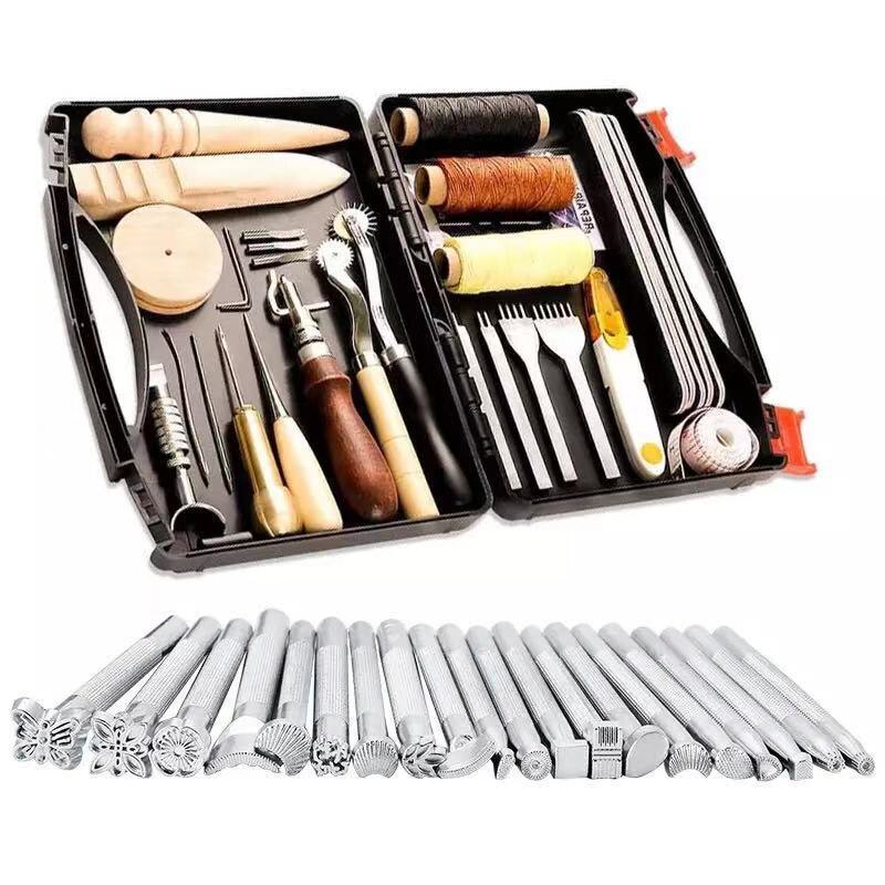 Leather Working Tools and Supplies with Tool Box Perfect for Stitching Punching Cutting Sewing Leather Craft Making: Default Title