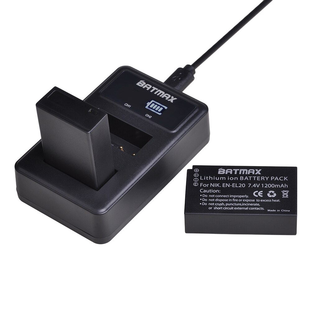 Batmax fi -el20 en-el20a fi  el20 en el20a akku + led usb kaksoislaturi nikon coolpix  p1000 nikon  s1 j1, j2, j3 nikon 1 aw1: 1b laturin kanssa