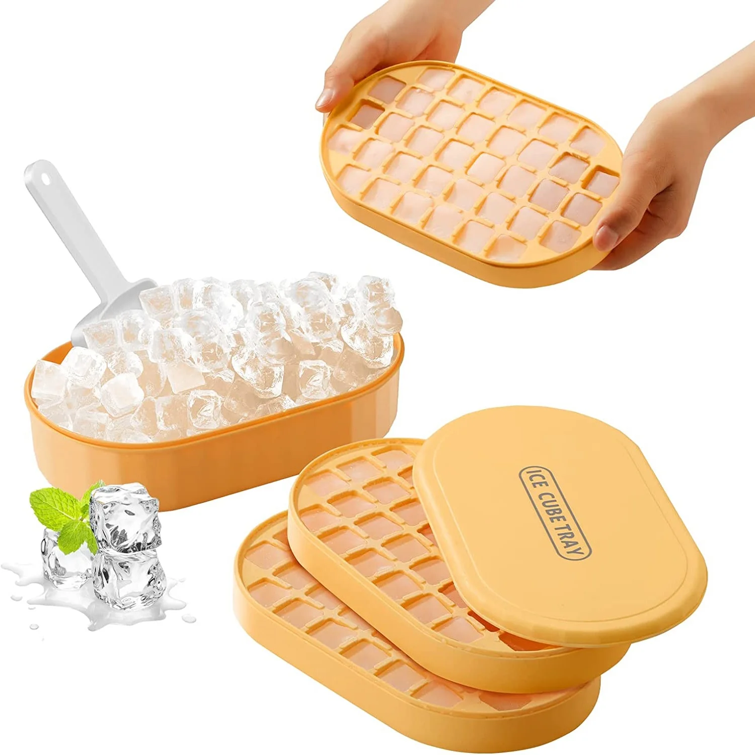 Doppelschichtiges Eiswürfelform mit Deckel und etui – stapelbar, macht 72 Eiswürfel mit Behälter, Löffel und Deckel Ich bin Lieferumfang enthalten, BPA-frei: Gelb