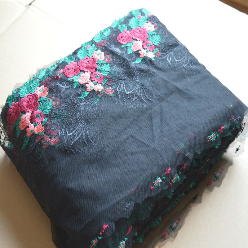 2yds/Lot 23Cm Brede Zwarte Mesh Roze Groen Gemengde Bloemen Borduren Kant Trim Voor Kleding Bruiloft, onderpakken