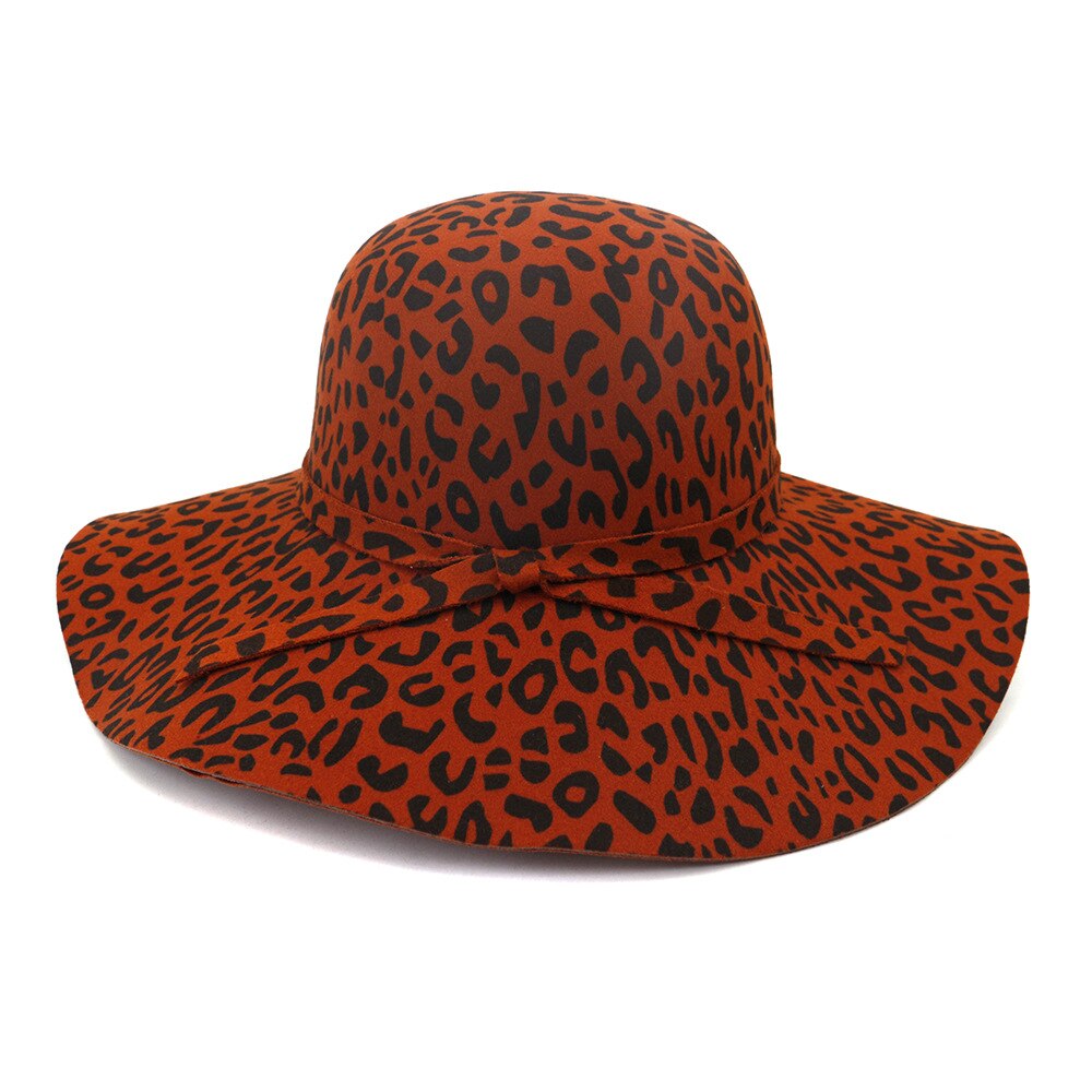 Stor brätte leopardmönstrad filt kupolhatt dam fedora hattar fascinators hatt för kvinnor diskettmössa solskydd chapeau: Mörkröd