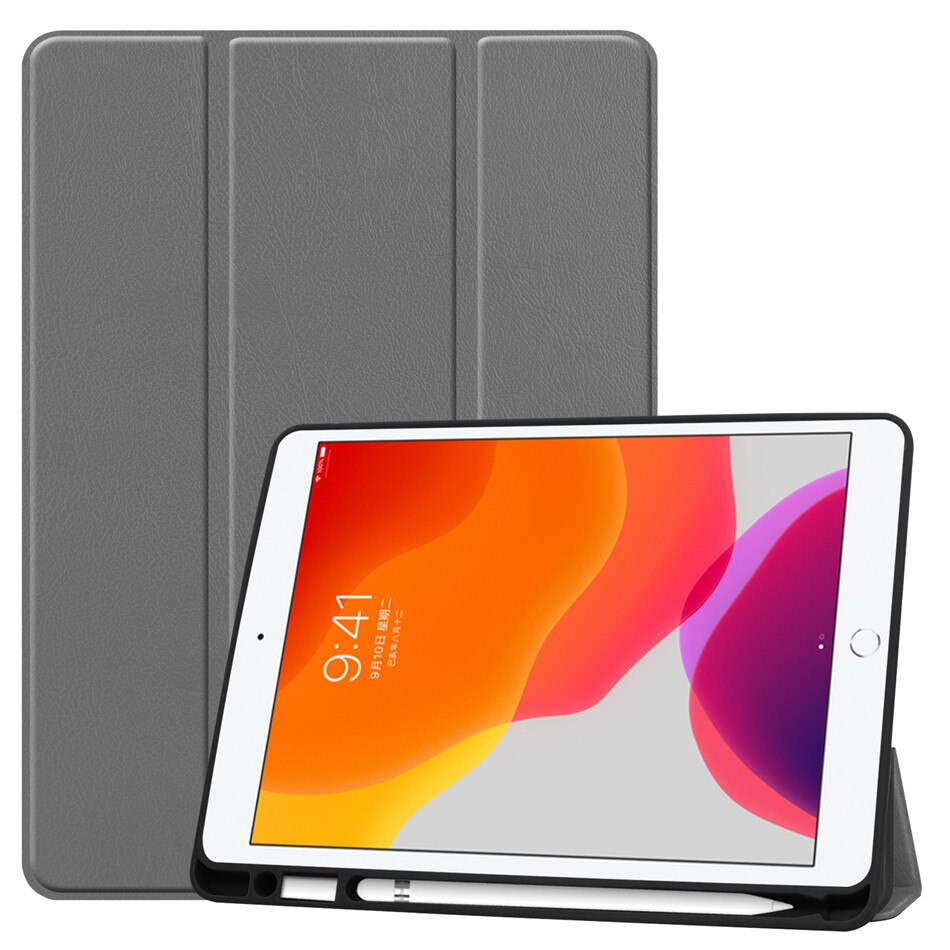 For iPad 7th 10.2" Case A2198 With Pencil Holder Stand Cover For iPad 10.2 Case Auto Sleep / Wake+Screen Protector+pen: Gray