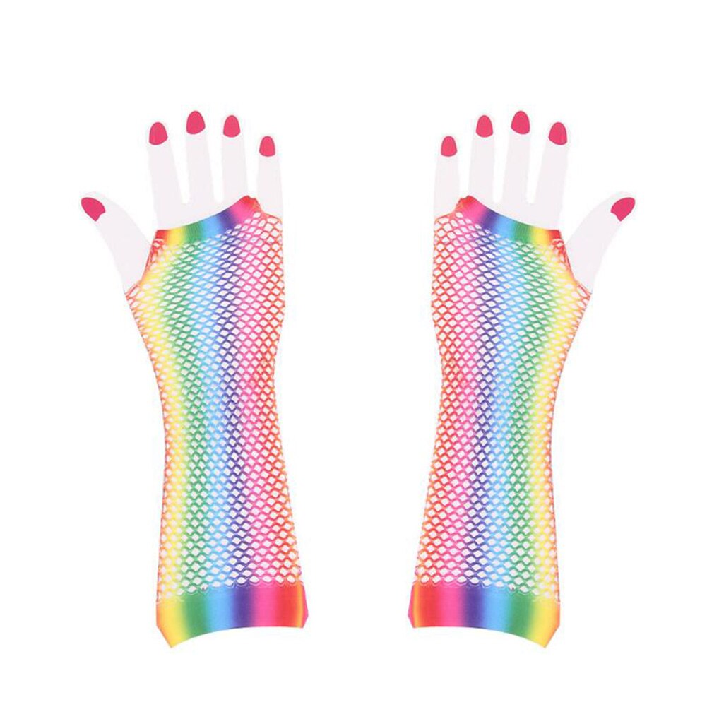 Neue Damen sexy Regenbogen Farbe Gittergewebe Netz Fischnetz Handschuhe Aushöhlen Löcher Finger Handschuhe Dame Disko tanzen Kostüm Halbe Handschuhe: Mehrfarbig