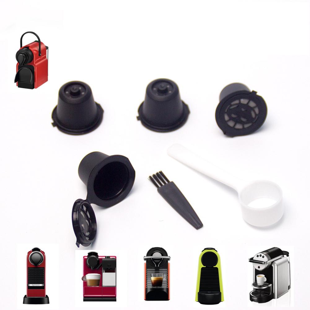 Oppvaskkoker 4 stk / sett påfyllbar gjenbrukbar kaffekapsel kapsler til nespressomaskiner med skje og børste