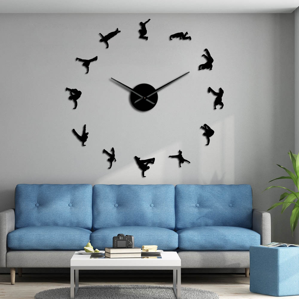 Breakdancing Modern Giant Wall Clock Hip Hop Home Décor Street Dance Wall Watch Acrylic Mirror Stickers Break Dancer Hobby