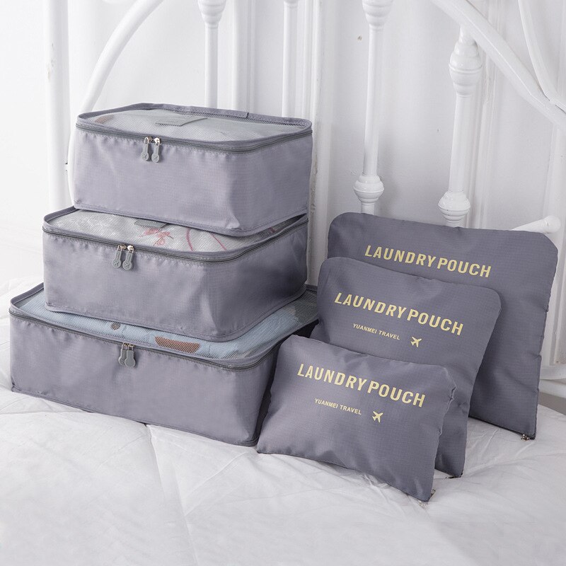 6 PCS Travel Storage Bag Set For Clothes Tidy Organizer Wardrobe Suitcase Pouch Travel Organizer Bag Case Shoes Packing Cube Bag: Gray