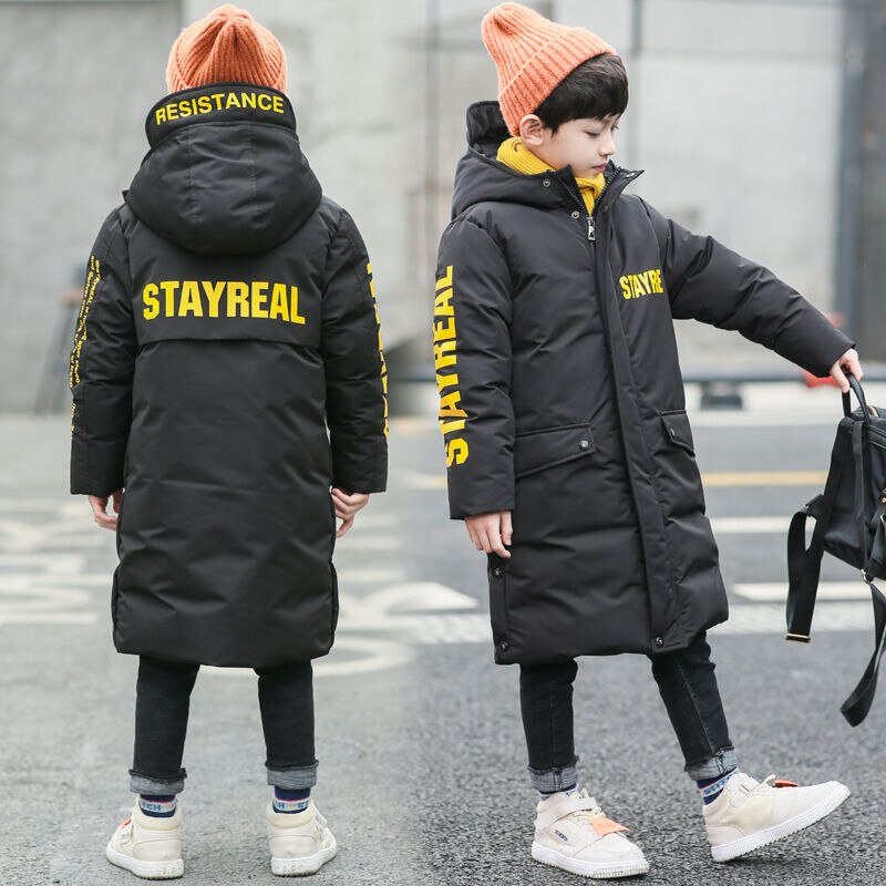 Russia Snowsuit Winter Boys Long Over-Knee Coat Clothes Waterproof Windproof Outdoor Thicken Hooded Parka Jacket For Kids: Black / 6-7T