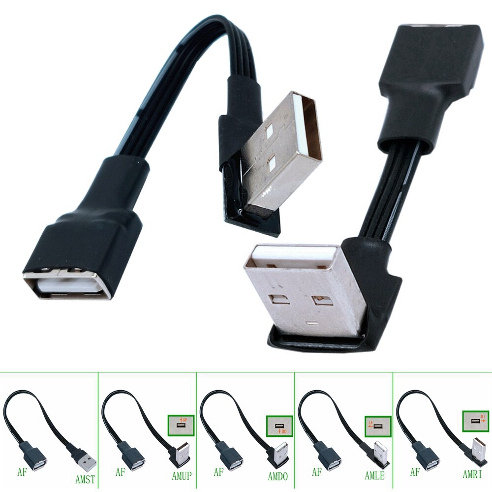 10cm 20cm USB 2.0 A męski na żeński 90 kątowy przedłużacz kabla USB2.0 męski na żeński prawy/lewy/dół/górny Czarny przewód