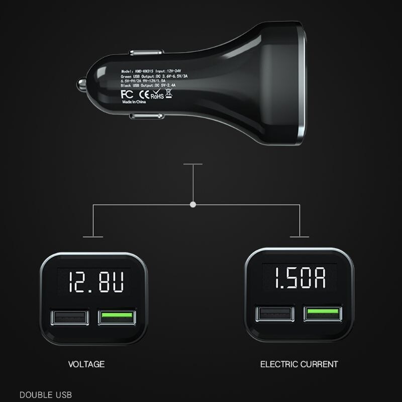 Schnelllade-autoladegerät mit 3.0 usb-anschlüssen und led-spannungs- und stromanzeige für iphone und htc