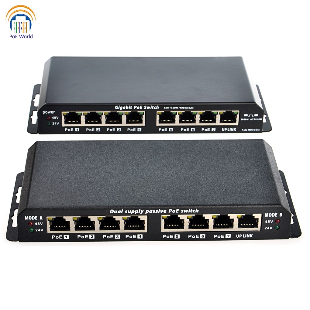 7 poe-porttia 1 up linkkiporttia passiivinen poe-kytkin 100 mbps ylijännitesuoja poe-kytkin ip-kameralle voip-puhelimelle