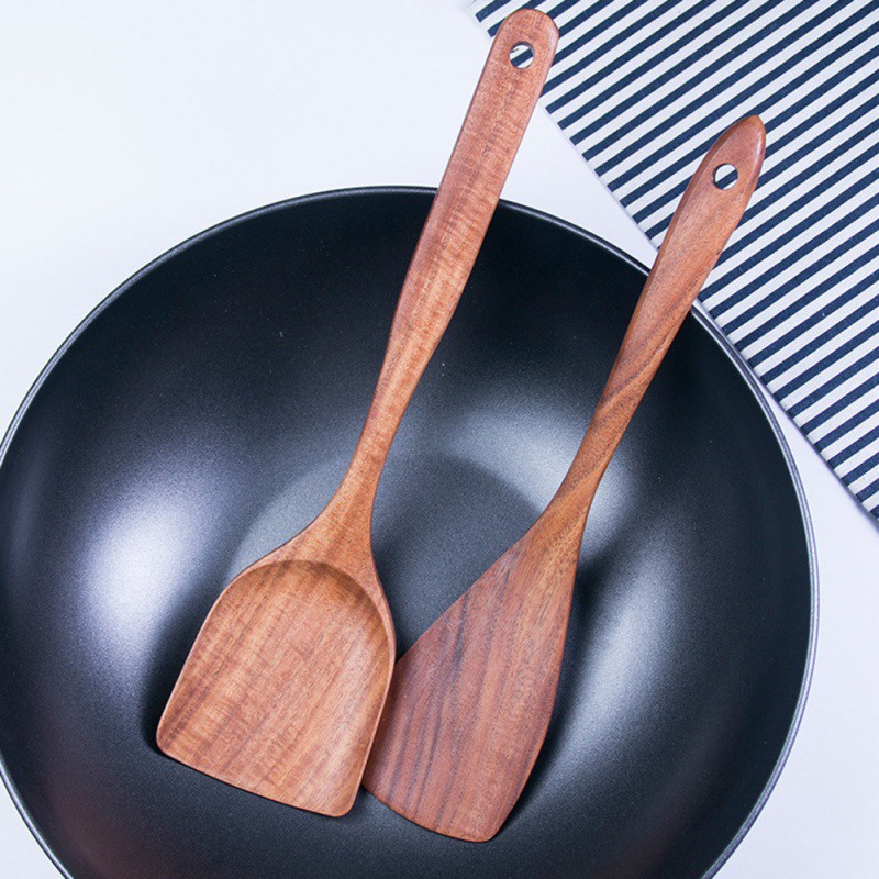 Eenvoudige Effen Teak Hout Spatel Rijst Scoop Met Opknoping Gat Unpainted Hand Wok Schop Keuken Accessoires Koken Tool