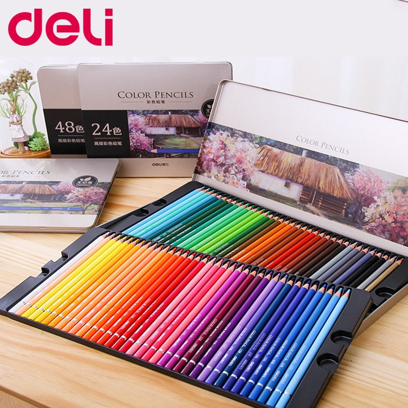 Deli Kantoorbenodigdheden 48/72 Kleuren Olie Kleurpotlood Set Voor Tekening Schilderen Schets Tin Box Art School Levert Professionele