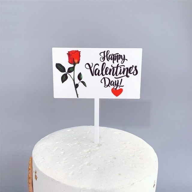 Rectangular Valentine's Day Acrylic Cake Topper Happy Valentine's Day Love Hearted Rose Flower Cake Decorations: White