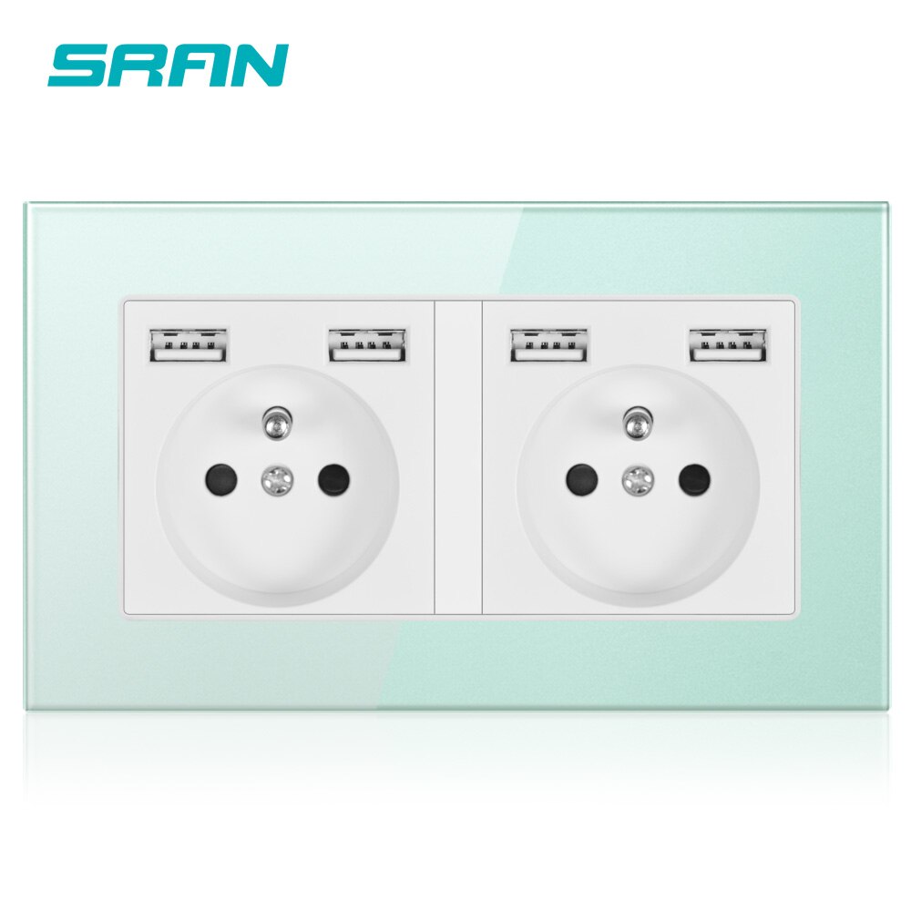 Wall 16A French Multi Power Socket Plug Grounded Electrical Socket with usb outlet strip 146 crystalglass panel family hotel: Green A6