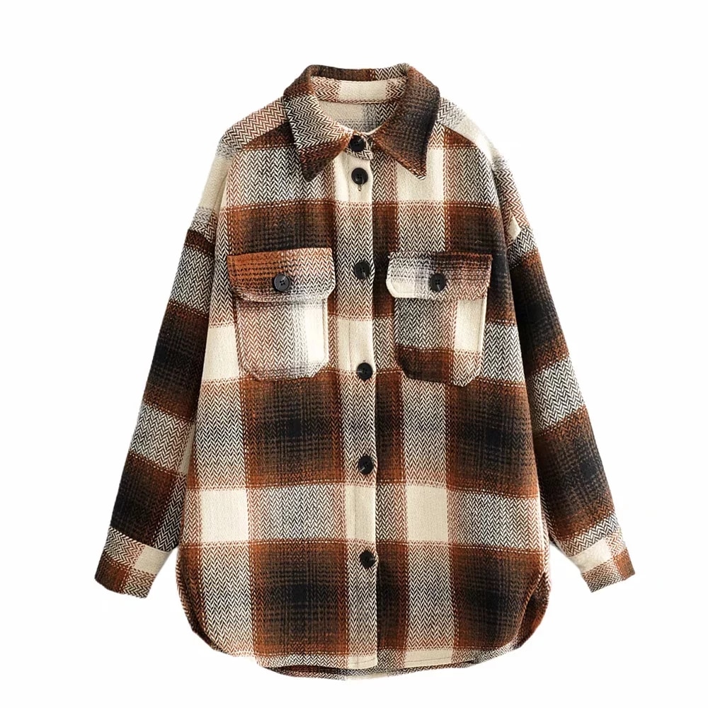 Vintage women long sleeve woolen coats ladies thick plaid coat female streetwear girls oversize jacket chic: light brown / L