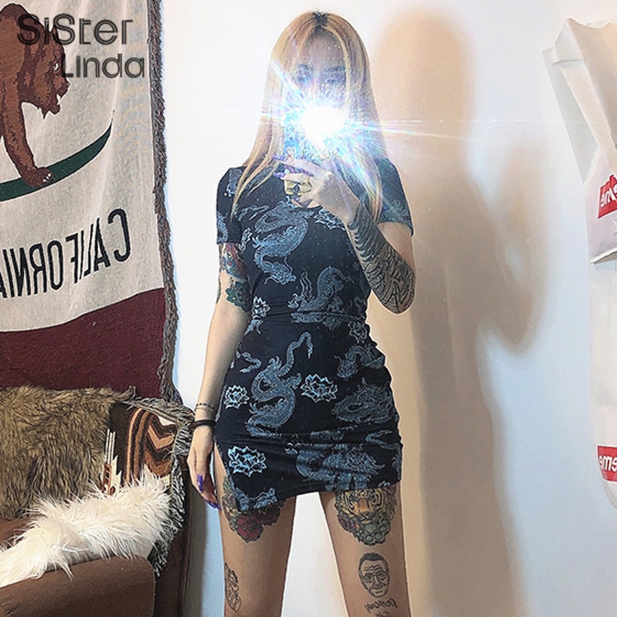 Siserlinda-Mini robe moulante imprimée Dragon, tenue femme, manches courtes, Cheongsam ajourée,