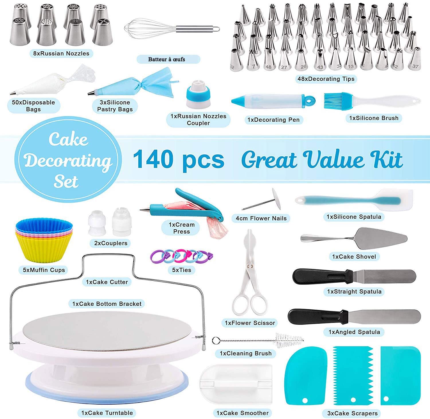 Turntable Pastry 141pcs Pastry Kit with Pastry Socket, Pastry Bag, Spatula Egg Beater Muffin Pan Pastry Utensil Kit