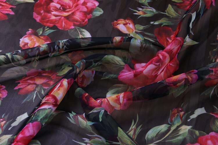 100X145 cm Week Runway China Rose Bloemen Zwarte Dunne Chiffon Stof voor Vrouw Meisje Zomer Lange Strand jurken Naaien